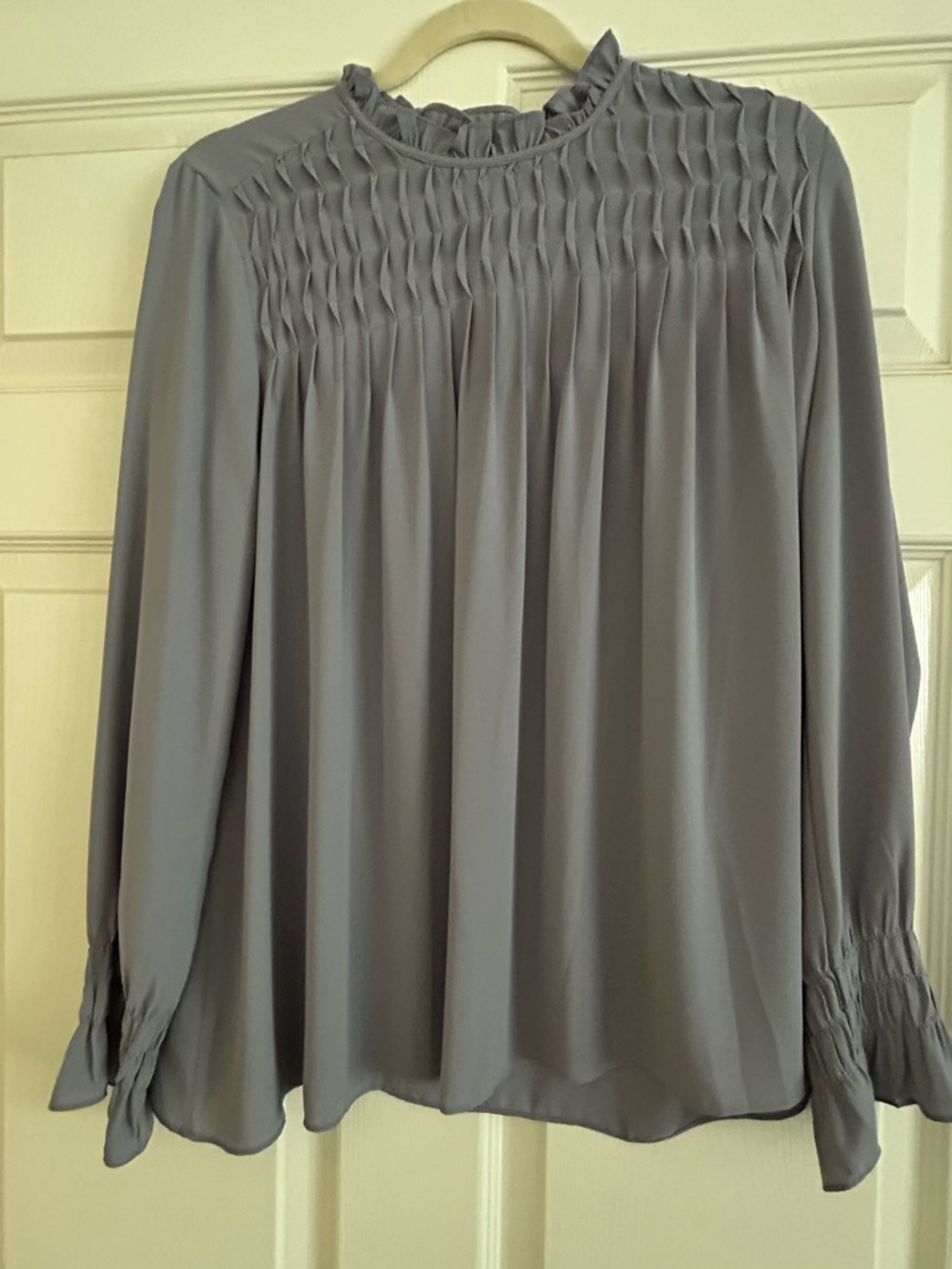Ann Taylor Grey Smocked Yoke Long Sleeve Blouse